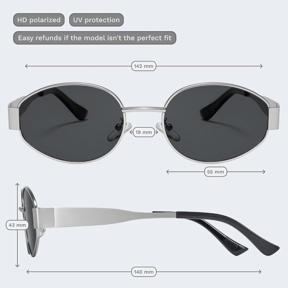 Retro Polarized Silver Black Sunglasses UV400 Protection Oval Metal Soft Frame main image 5